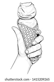 Hand holding ice cream in cones. Hand drawn illustration in vintage style. Isolated on white background.