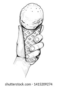 Hand holding ice cream in cones. Hand drawn illustration in vintage style. Isolated on white background.