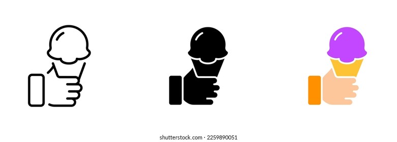 The hand is holding ice cream. Dessert, cold, cone, ice cream, icing, sweet, delicious, street food, cafe, eating out. Vector set icon in line, black and colorful styles isolated on white background