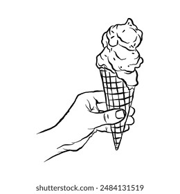 Hand holding ice cream, hand drawn line drawing sketch vector illustration