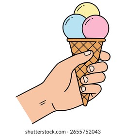 Mano que sostiene el diseño plano de la Plantilla de la Ilustración vectorial del color del helado