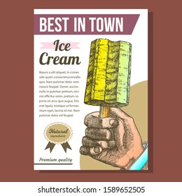 Hand Holding Ice Cream On Stick Poster Vector. Frozen Stick Confection Vanilla Dairy Dessert Advertising Banner Concept. Cold Delicious Refreshing Product Designed In Retro Style Template Illustration