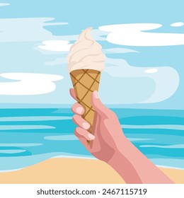 Mano sosteniendo el helado en la playa Ilustración de vacaciones de verano