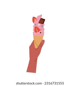 Hand holding ice cream in wafer style cone.Vector cartoon flat style illustration