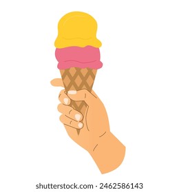 hand holding an ice cream in a waffle cone; summer, sweetness and joy concept - vector illustration