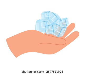 Hand holding ice cubes vector isolated on white background. Ice cubes for cooling drinks vector illustration in flat style hand drawn