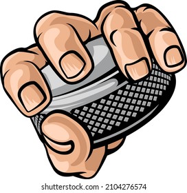 A hand holding an ice hockey puck cartoon design