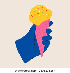 Mano sosteniendo helado en cono. Ilustración vectorial colorida 
