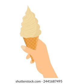 Hand holding ice-cream in cone. Ice Cream , cold frozen summer dessert, sweet sugar dairy takeaway snack, food to-go. Flat vector illustration isolated on white background.