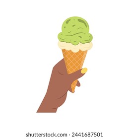 Hand holding ice-cream in cone. Ice Cream , cold frozen summer dessert, sweet sugar dairy takeaway snack, food to-go. Flat vector illustration isolated on white background.