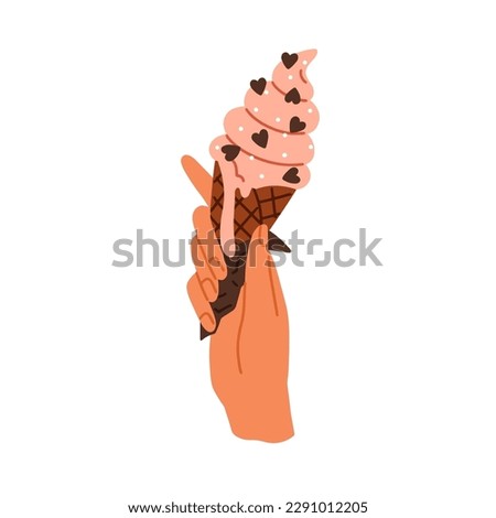 Hand holding ice-cream in cone. Icecream swirl with sprinkles, cold frozen summer dessert, sweet sugar dairy takeaway snack, food to-go. Flat vector illustration isolated on white background