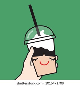 Hand Holding An Iced Blended Coffee Drink With The Smiling Face Of The Girl Inside. Concept Of Coffee Lover Card Character illustration
