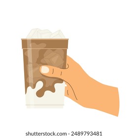 hand holding iced coffee; refreshing summer beverages, coffee lovers- vector illustration