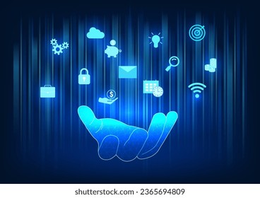 Hand holding an icon with fascinating light lines It represents technology that reaches people all over the world. to cause communication exchange information Doing international business