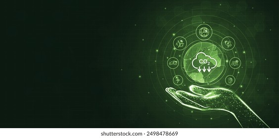 Hand holding with icons of reducing CO2 emissions, ESG, net zero. energy saving concept. save our planet, world environment day, world earth day. sustainable development and green business. vector.