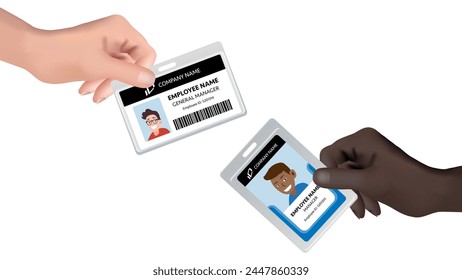 Hand Holding ID Card: Business ID Card with Realistic Badge Closeup. Vector.