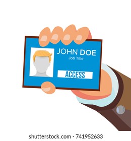 Hand Holding Id Card Vector. Identity Card With Photo And Job Title. Pass Id Card. Security Concept. Flat Business Cartoon Isolated Illustration