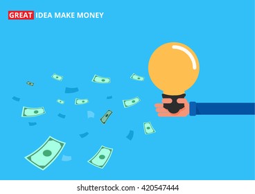 Hand holding idea and attract money. Great idea make money concept. Cartoon Vector Illustration.