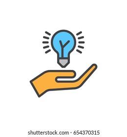 Hand holding idea bulb filled outline icon, Idea sharing vector sign, colorful illustration 