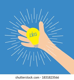 Hand, die eine Ideenlampe hält. Rund um die glänzende Linie. Gelber Farbschalter ein. Flaches Design. Geschäftskonzept. Blauer Hintergrund. Einzeln. Vektorgrafik