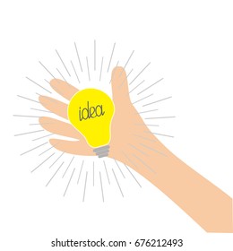 Hand holding idea light bulb lamp. Shining line round effect. Yellow color switch on. Flat design. Business concept. White background. Isolated. Vector illustration
