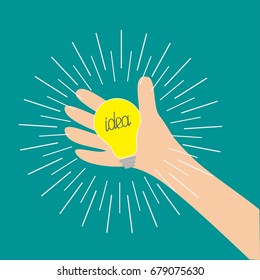 Hand holding idea light bulb lamp. Shining line round effect. Yellow color switch on. Flat design. Business concept. Green background. Isolated. Vector illustration