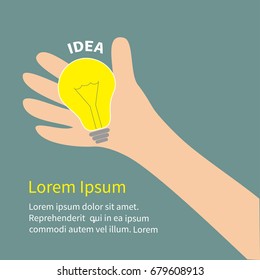 Hand holding idea light bulb lamp. Yellow color switch on. Flat design. Business concept. Template. Blue background. Isolated. Vector illustration