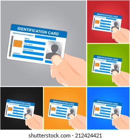 Hand Holding Identification Card on Color Background. ID Card Icons Set.