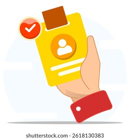 Hand holding identity card with check mark icon. Identity card to stay logged in or stored information.  Easy to use app interfaces and account management features. 