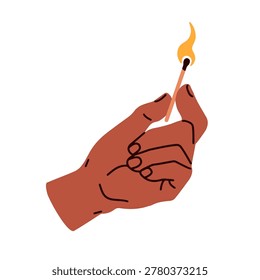 Mano que sostiene el palillo encendido del fósforo. Llama encendida ardiendo en fósforo de madera. Chispa ligera entre los dedos. Ilustración vectorial plana aislada sobre fondo blanco