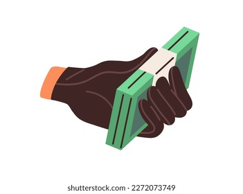 Hand holding illegal money, cash, bank notes. Financial fraud, scam, criminal illegal income, bribery, corruption concept. Economic crime. Flat graphic vector illustration isolated on white background