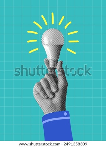 hand holding illuminated light bulb idea innovation thinking creativity inspiration concept template design with retro halftone dotted collage element mixed media design object