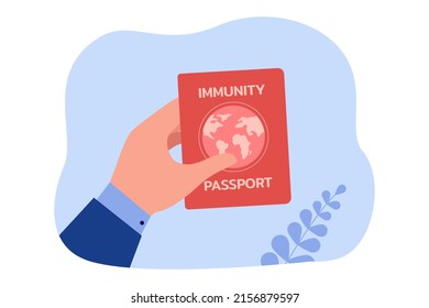 Hand holding immunity passport. Person with vaccination certificate or document flat vector illustration. Health, coronavirus, pandemic, traveling concept for banner, website design or landing page