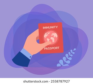 Hand holding immunity passport. Person with vaccination certificate or document flat vector illustration. Health, coronavirus, pandemic, traveling concept for banner, website design or landing web pag