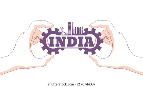 Hand, die Indien den Namen Land mit Energieerzeugung , Energieversorgung, Technologie und Industrie Relativsymbole trägt.