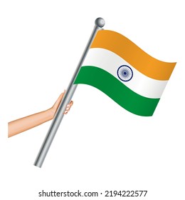 Mano sosteniendo la bandera de la India, manos con banderas de la República de la India, bandera nacional de la India en la mano. Mano sosteniendo Bharata ondeando y bandera flotante. Ilustración vectorial.