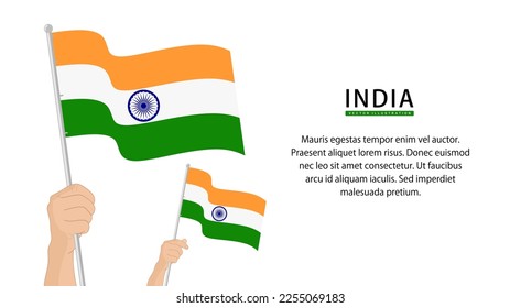 Mano portando la bandera de la India. Ilustración de estilo plano. Bandera onduladora de la India aislada. ilustración vectorial