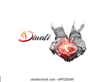 Hand holding Indian oil lamp - diya, Diwali festival, Hand Drawn Sketch Vector illustration.