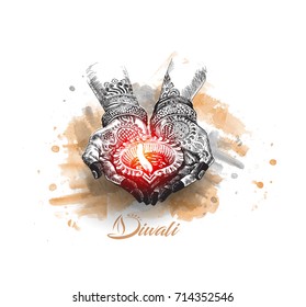 Hand holding Indian oil lamp - diya, Diwali festival, Hand Drawn Sketch Vector illustration.