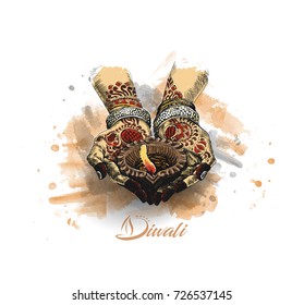 Hand holding Indian oil lamp - diya, Diwali festival, Hand Drawn Sketch Vector .