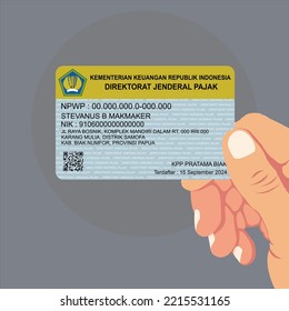 Hand holding Indonesia Tax Card or NPWP illustration (Ministry of Finance, Republic of Indonesia. Directorate General of Taxation ) Vector illustration flat design. Indonesia