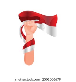 Mano que sostiene la bandera indonesia, Ilustración vectorial. Aislado sobre fondo blanco. Vector ondeando la bandera indonesia. Día de la independencia indonesia