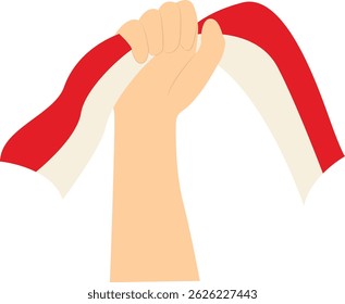 Mano sosteniendo la bandera indonesia. Ilustración vectorial en Diseño Plano