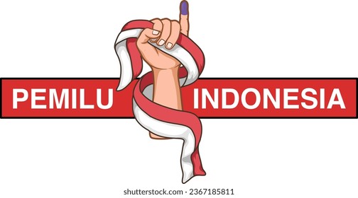 Hand holding Indonesian ribbon flag with pinky finger up and inked blue color.  Vector illustration transparent background. Indonesian election day concept with tagline Pemilu Indonesia