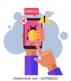 Hand holding infected with bug smartphone. Mobile malware, spam messages, fraud concept. Vector flat cartoon design graphic isolated illustration