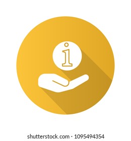 Hand holding info sign flat design long shadow glyph icon. Helpdesk. Information center. Support. Vector silhouette illustration