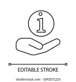 Hand holding info sign linear icon. Helpdesk. Information center. Thin line illustration. Support. Contour symbol. Vector isolated outline drawing. Editable stroke