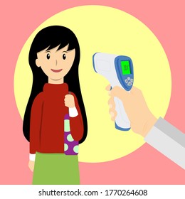 hand holding an infrared thermometer to measure temperature of girl vector.