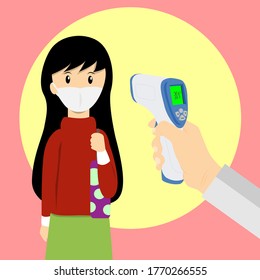 hand holding an infrared thermometer to measure temperature of girl in surgical mask vector.