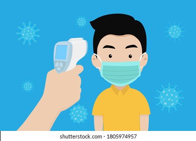 Hand holding infrared thermometer to measure body temperature at forehead result. Man wearing a surgical mask protection of virus. Concept of protection corona virus or covid-19